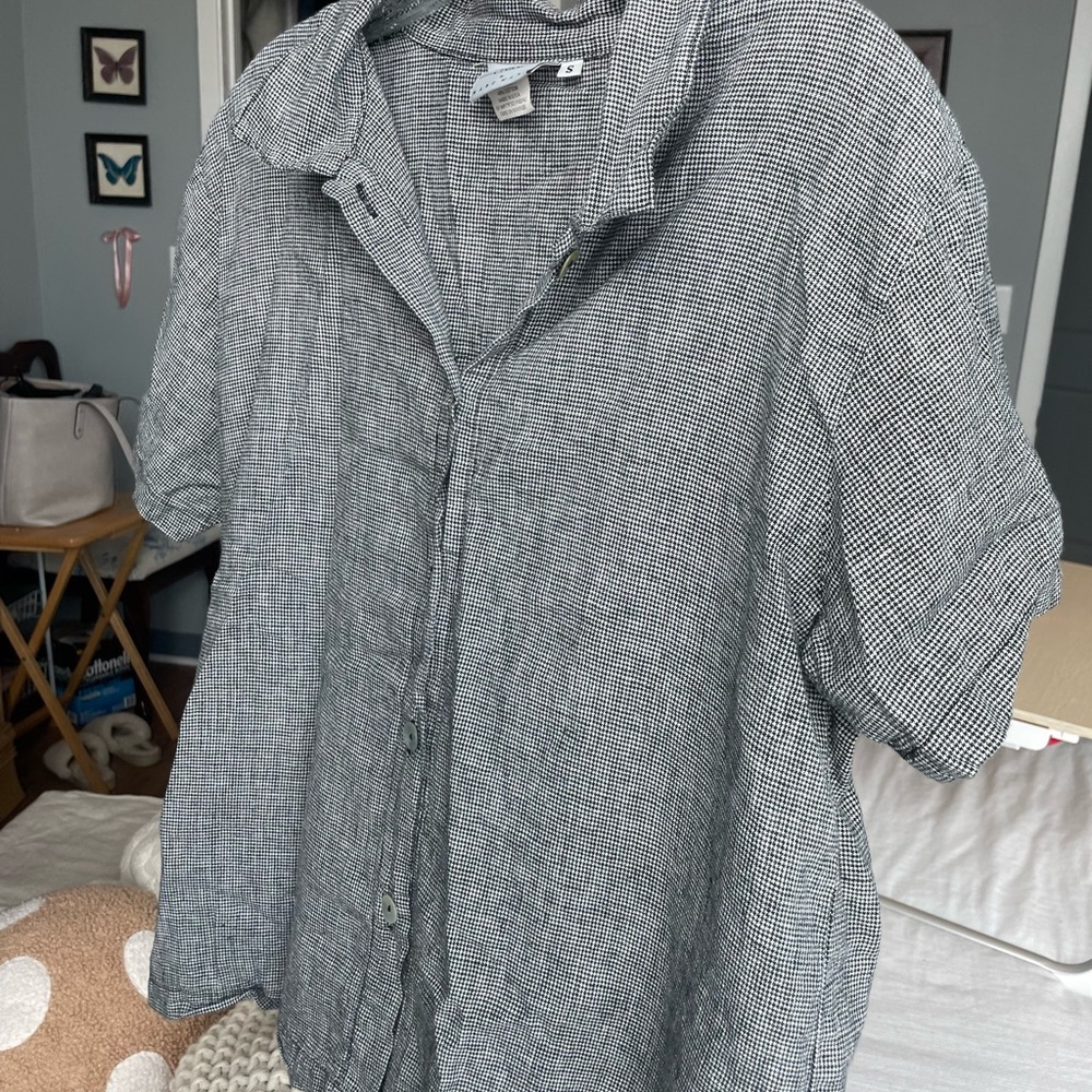 Cotton Linen Button Up - Micro Houndstooth - Mother of Pearl Buttons
